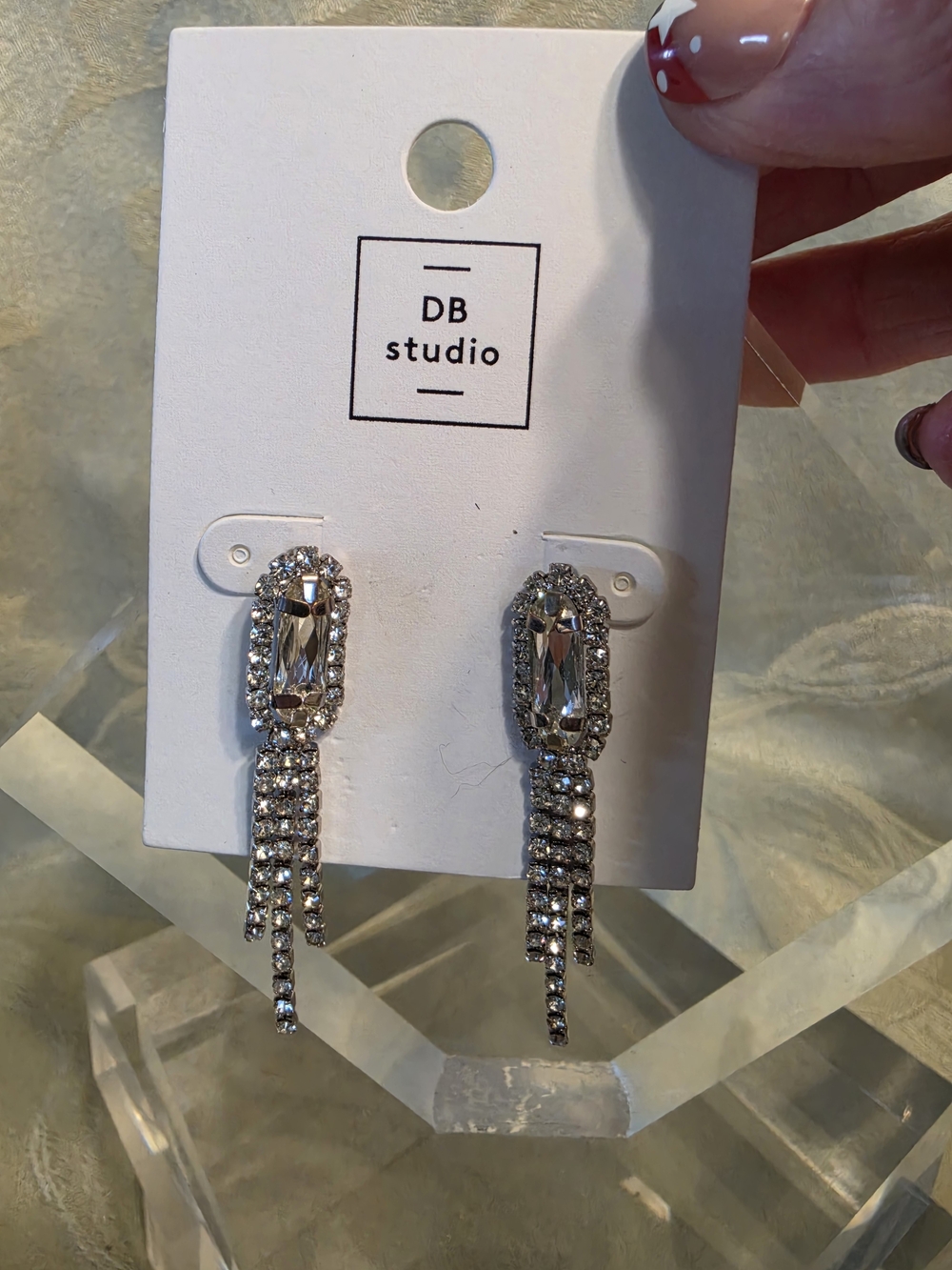#1189 DB Studio Clear Crystal Dangle Earrings in Silver Tone